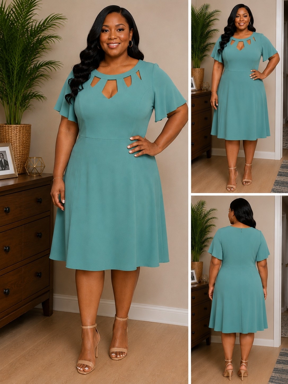 Plus-Size Teal Midi Dress with Cutout Neckline